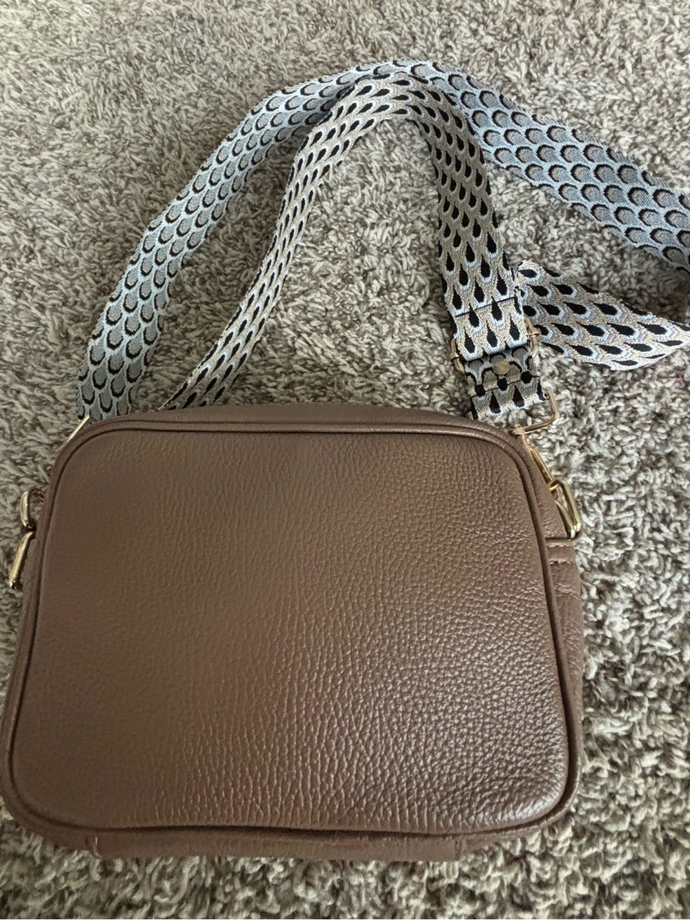 Everyday Crossbody Bag Pom Pom London Elie Beaumont  Taupe Patterned Strap cyan